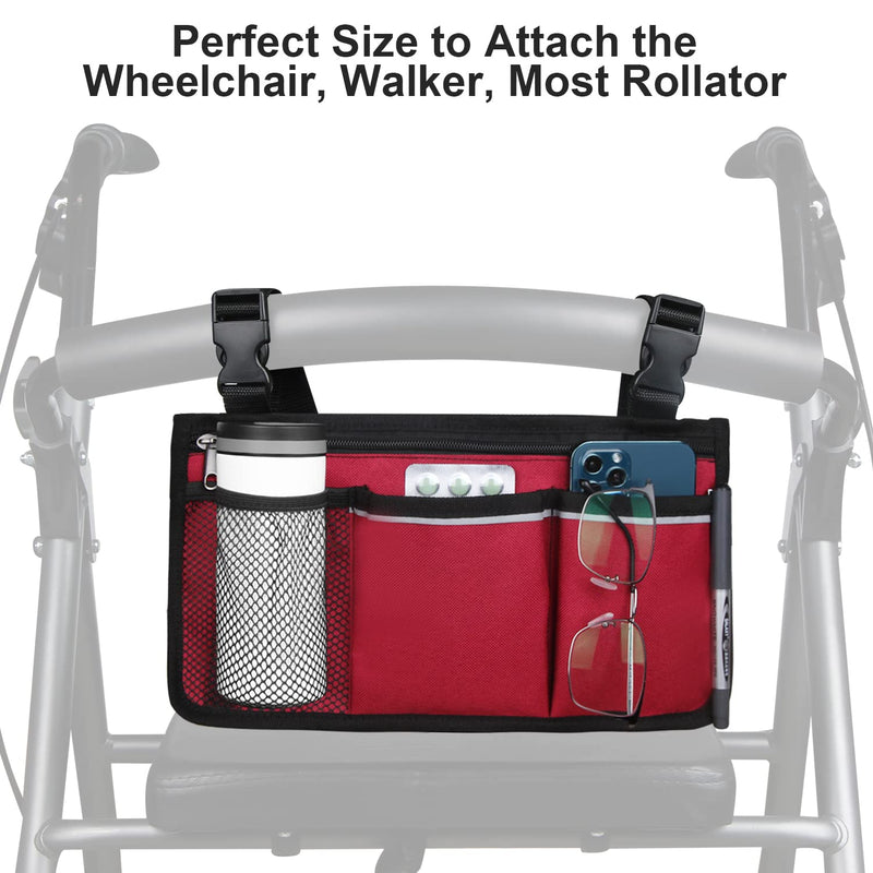Wheelchair Side Organizer Storage Bag Armrest Pouch with Cup Holder and Reflective Stripe Use Waterproof Fabric, for Most Wheelchairs, Walkers or Rollators (Red) Red - NewNest Australia