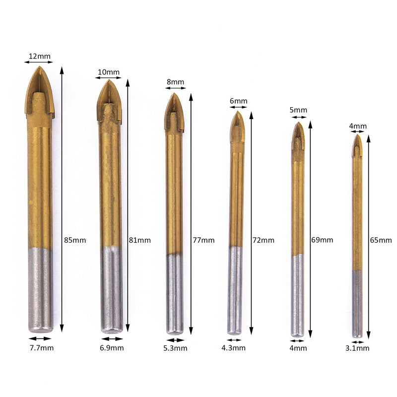 HOMEIDOL 6pcs Titanium Coated Glass Drill Bits Set 4 Cutting Edges Cross Spear Head Drill for Ceramic Tile Marble Mirror and Glass, 4mm 5mm 6mm 8mm 10mm 12mm - NewNest Australia