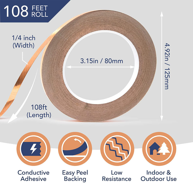 Copper Foil Tape [1/4 Inch x 108ft, Pack of 2] Copper Tape Conductive Adhesive for EMI Shielding Barrier, Electrical Conductive for Soldering, Stained Glass, Grounding, and Repair - NewNest Australia