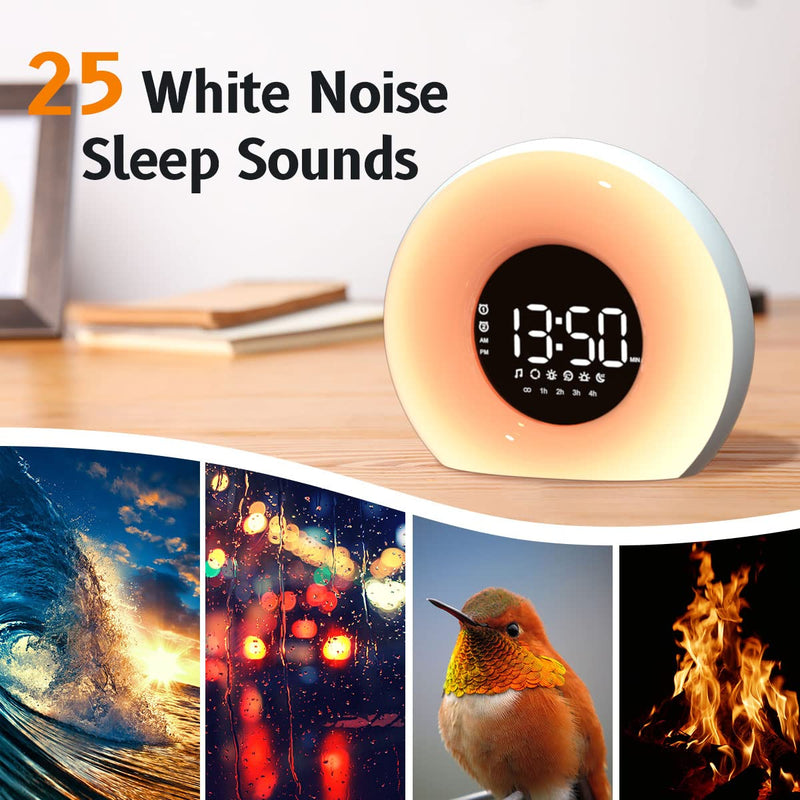 OrangeLight Wake Up Light Sunrise Alarm Clock with Sunrise Sunset Simulation 25 Nature Sounds 12 Colors Night Light Dual Alarms and Snooze Function Sleep Aid for Heavy Sleepers Kids Adults (White) - NewNest Australia