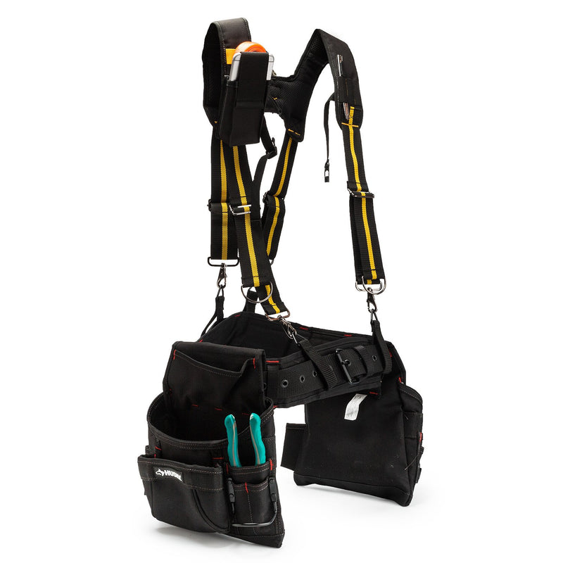 Melo Tough Suspenders Tool Belt Suspenders with Large Moveable Phone Holder, Pencil Holder, Adjustable Size Padded Suspenders (Yellow) H back - NewNest Australia