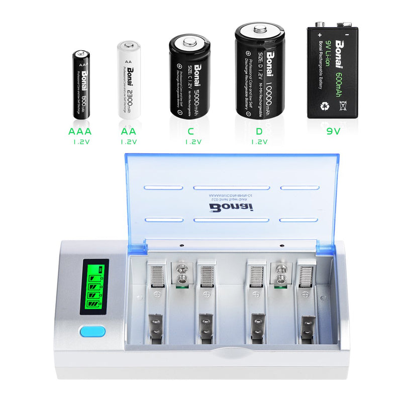 BONAI LCD Universal Battery Charger for AA, AAA, C, D, 9V Ni-MH Ni-CD Rechargeable Batteries with Discharge Function Sliver - NewNest Australia