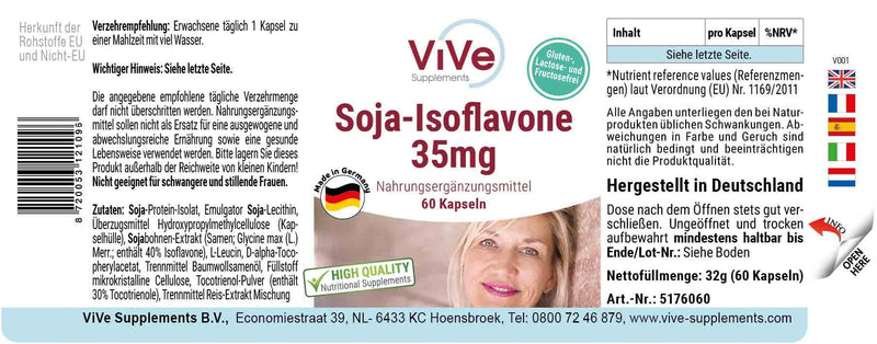 Soy isoflavones 35mg - 60 capsules - high dosage and vegan - made from standardized soybean extract | Quality from Germany from ViVe Supplements - NewNest Australia
