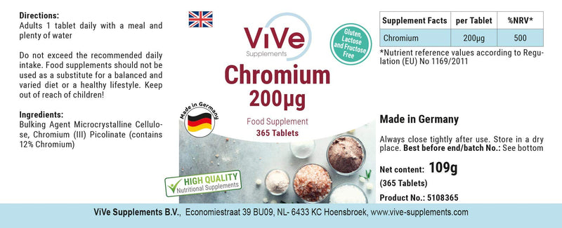 Chromium Picolinate - 200mcg Chromium - 365 tablets - High dosage - Vegan | Quality from Germany from ViVe Supplements - NewNest Australia