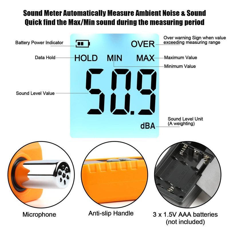 Decibel Meter Sound Level Reader 30-130dB(A), Hand-held Sound Noise Meter with Backlight Alarm, Digital Noise Meter Decibel Monitoring Tester Calibrated Audio Noise Volume Measuring Instrument - NewNest Australia