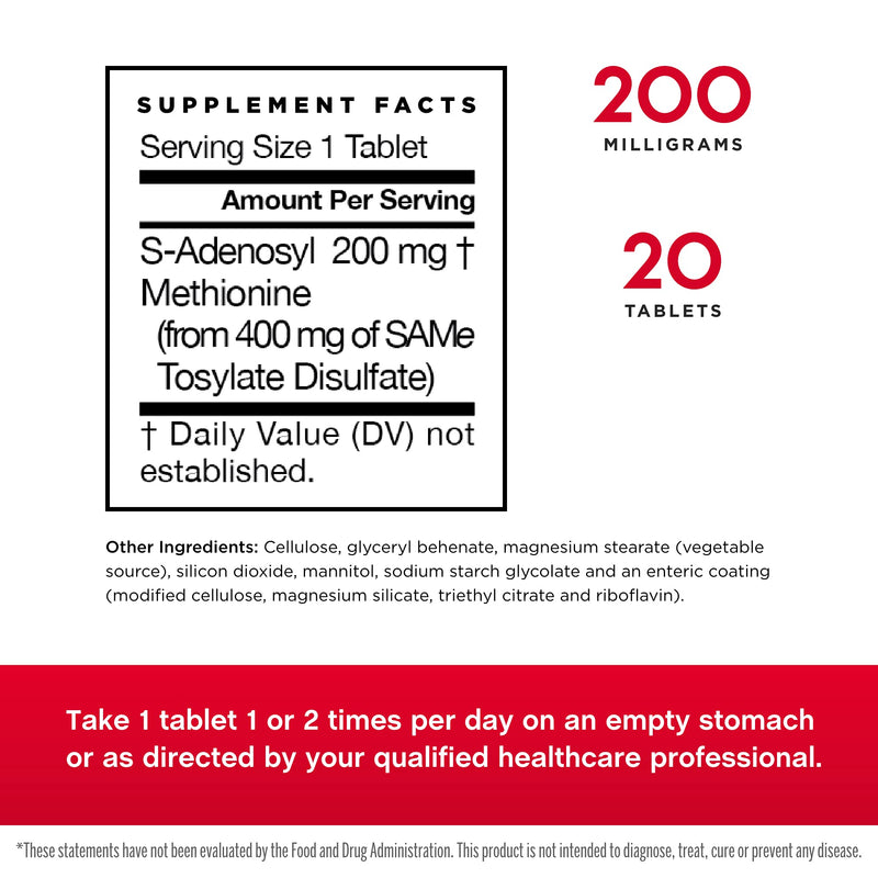 Jarrow Formulas Same 200 mg Highest Concentration of Active S,S Form, Supports Joint Health, Liver Function, Brain Metabolism, Mood & Antioxidant Defense, 20 Servings, White, 20 Count 20 Count (Pack of 1) - NewNest Australia