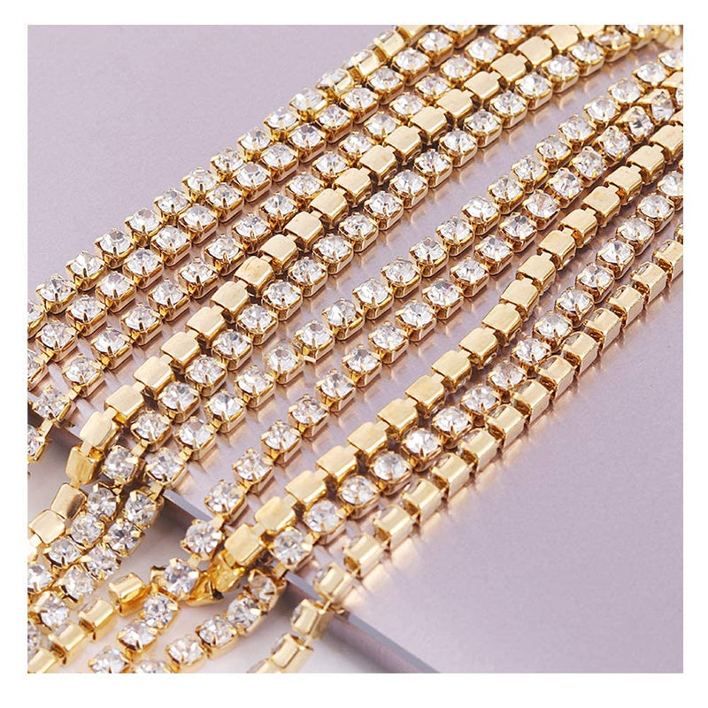 1 Roll 10 Yards Crystal Rhinestone Trim Close Cup Clear Chain with Gold Setting Base (SS6 2mm) SS6 2mm - NewNest Australia