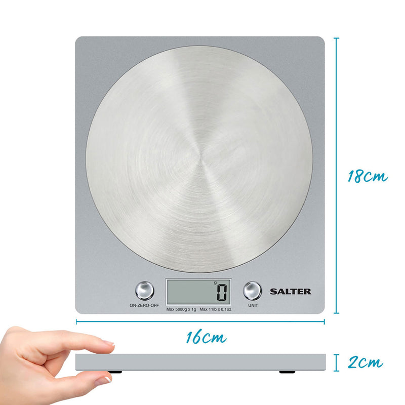 Salter 1036 SVSSDR Disc Electronic Scale, Digital Weighing, Stylish Slim Design, Home/Kitchen Cooking, Spun Stainless Steel Platform, Add,Weigh, Measures Liquids/Fluids, 5 Kg Capacity, Silver/Chrome Single - NewNest Australia