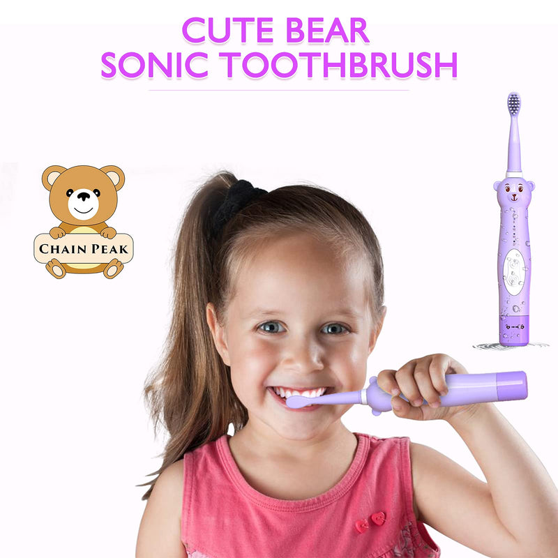 CHAIN PEAK Kids Sonic Electric Toothbrush, Cute Bear Rechargeable Toothbrush for Children, Boys Girls Age 3-12 with 30s Reminder, 2 Min Timer, 5 Modes, 8 Brush Heads, Bear Toothbrush Purple+8 Heads - NewNest Australia