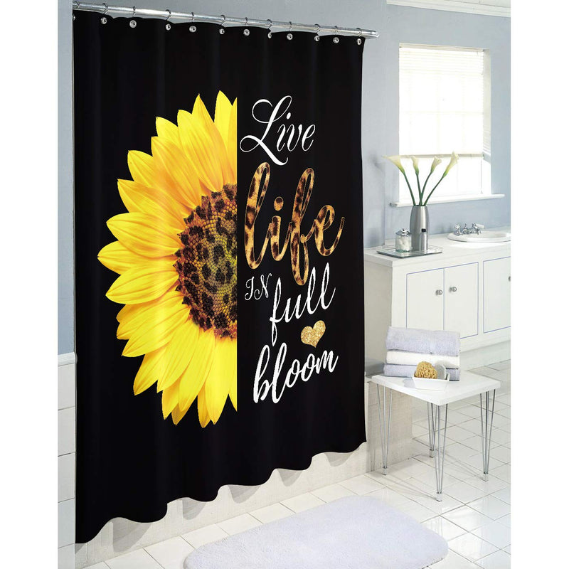 Homewelle Sunflower Shower Curtain Leopard Motivational Quotes Black Yellow Live Life in Full Bloom Floral Inspirational Print 60x72inch 12 Pack Plastic Hooks Polyester Fabric Bathroom Bathtub 60Wx72L - NewNest Australia