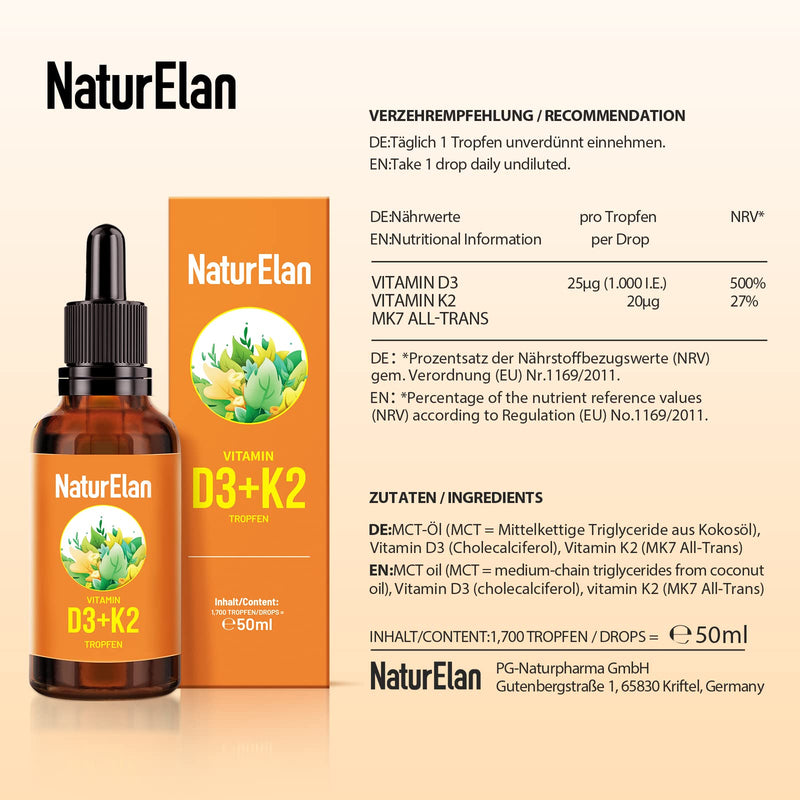 Vitamin D3 K2 high-dose drops - 50ml, 1000 IU vitamin D3 per drop, vegetarian, without additives, produced in Germany - NewNest Australia