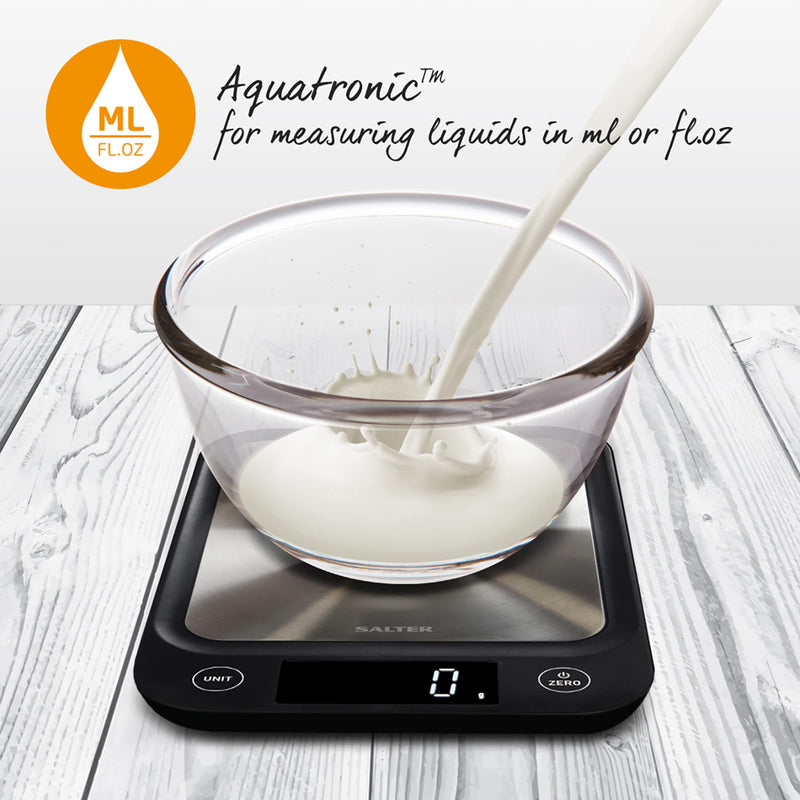 Salter 1068 SSBKDR Ultra Slim Electronic Kitchen Scale, Stainless Steel Platform, Grams & oz. for Baking & Cooking, Easy Clean, Add & Weigh, Measures Liquids, Backlit Display, Black stainless steel Black, Stainless Steel Scales Single - NewNest Australia