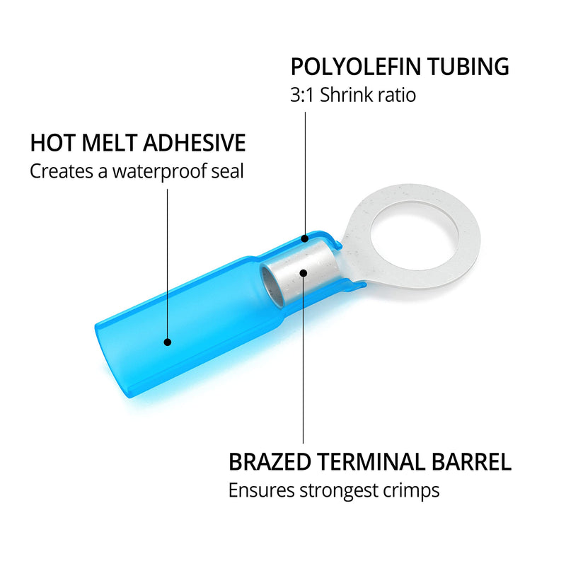 Wirefy 130 PCS Heat Shrink Ring Terminals 1/2" - Marine Grade Ring Connectors - Eyelet Wire Connectors - Large Ring Terminals - Blue 16-14 AWG Ring 1/2" Blue 16-14 Gauge - NewNest Australia