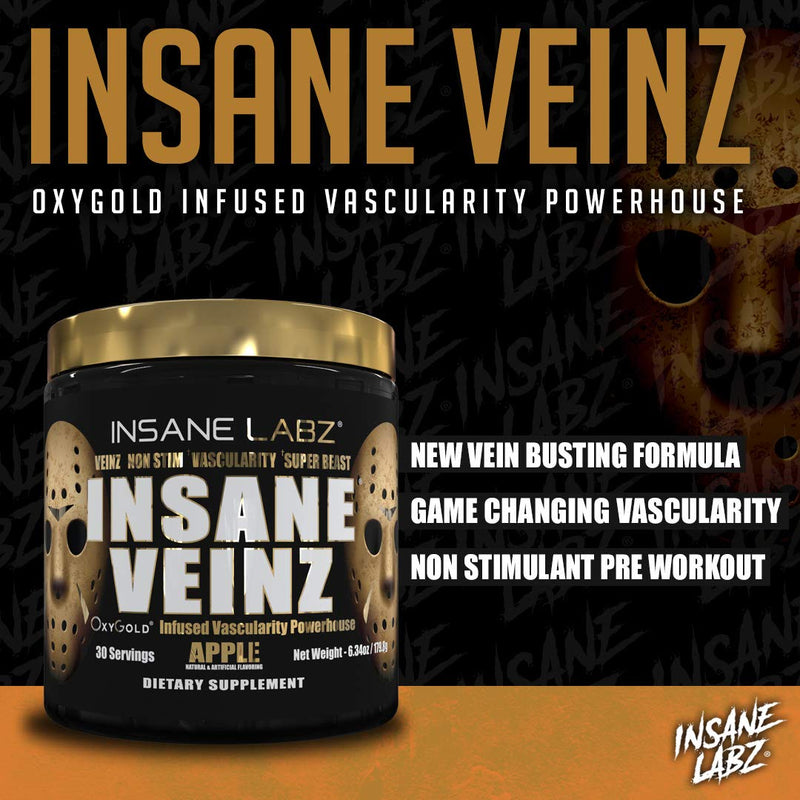 Insane Labz Insane Veinz Gold, Nitric Oxide Non Stimulant pre Workout Powder, Loaded with Hydromax, Nitrosigine, Increases Vascularity and Blood Flow, 30 Srvgs, Apple - NewNest Australia