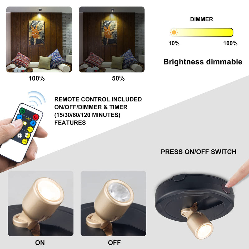 Wireless Spotlights,Battery Operated Spotlight with 2 Remote, Indoor Accent Lights,Closet Lights with Rotatable Lights Head, Stick on Art Lights for Picture Gold - NewNest Australia