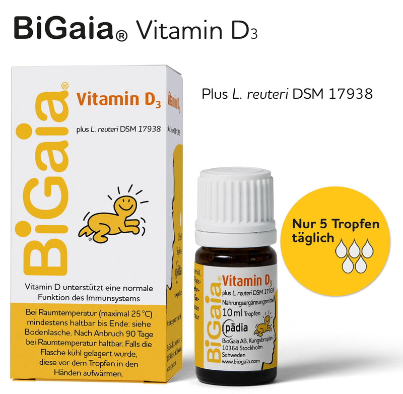 BiGaia Drops Plus Vitamin D3, 10ml, with natural lactic acid bacteria L. reuteri to support the intestinal flora, for infants from birth - NewNest Australia
