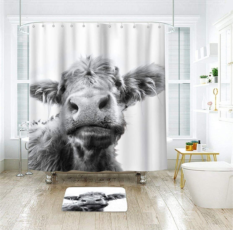 LIGHTINHOME Highland Cow Shower Curtain Bull Farm Animal Black and White 60Wx72H Grey Wildlife Portrait Funny Cute Sketch Fabric Waterproof Bathroom Home Decor Set 12 Plastic Hooks - NewNest Australia