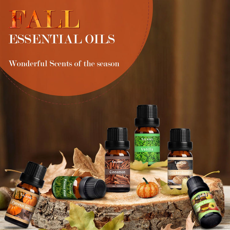 Salking Autumn Essential Oils Set, 6 X 10 Ml 100% Organic Aromatherapy Fragrance Oil Gift Set For Diffuser, Humidifier, Massage, Pumpkin Spice, Vanilla, Wild Pine, Cider, Cinnamon, Cinnamon Biscuits - NewNest Australia