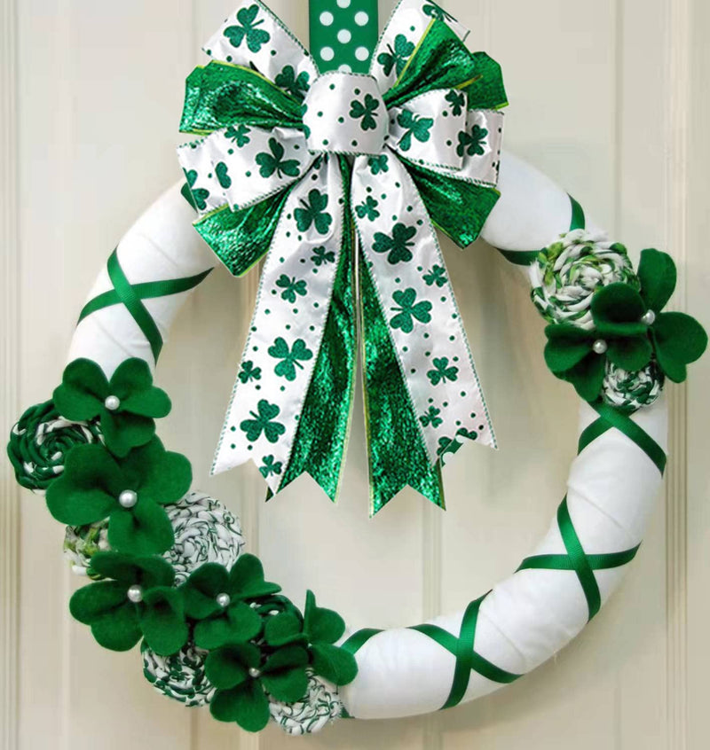 St Patricks Day Bow for Wreath Decorations,11.4 * 19.6in Large White Green Glitter Shamrock Bowknot Irish Holiday Crafts Bows for Tree Topper Front Door Outdoor Outside - NewNest Australia
