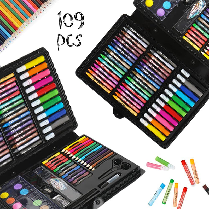KIDDYCOLOR 109-Piece Deluxe Art Set for Kids, Painting & Drawing Art Supplies in a Plastic Case with Markers, Watercolor Cakes, Color Pencils, Great Art Kit Gift for Kids 3-12 109 pcs - NewNest Australia