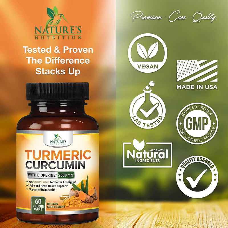Turmeric Curcumin with Bioperine 95% Curcuminoids 2600mg with Black Pepper for Best Absorption, Made in USA, Best Vegan Joint Support, Turmeric Supplement Pills by Natures Nutrition - 60 Capsules 60 Count (Pack of 1) - NewNest Australia