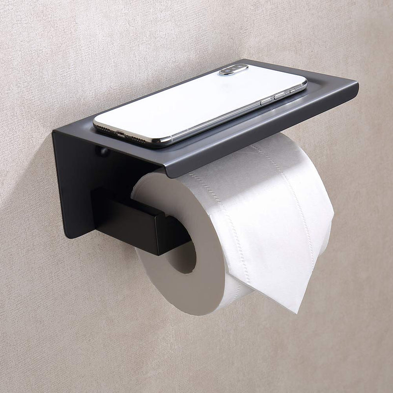 TASTOS Toilet Paper Holder with Shelf Matte Black, Toilet Tissue Holders with Phone Shelf Wall Mounted, Toilet Roll Holder with Cover for Bathroom & Kitchen, Stainless Steel Modern Square Style - NewNest Australia