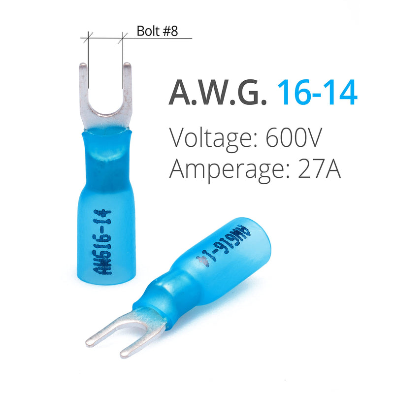 Wirefy 130 PCS Heat Shrink Fork Connectors #8 - Marine Grade Fork Terminals - Spade Fork Wire Connectors - Blue 16-14 Gauge Fork #8 - NewNest Australia