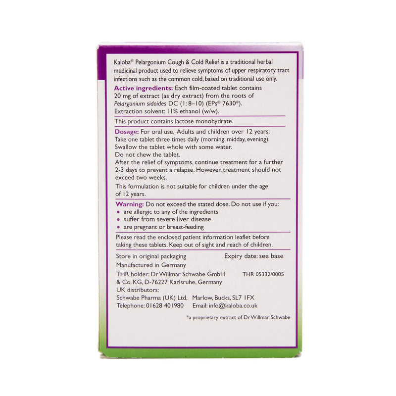 Schwabe Pharma - Kaloba Cough & Cold Relief Tablets - Pelargonium Sidoides Root Extract 20mg - Traditionally Used for Common Cold, Runny Nose, Sore throat, Blocked Nose, Coughs - 30 Tablets - NewNest Australia