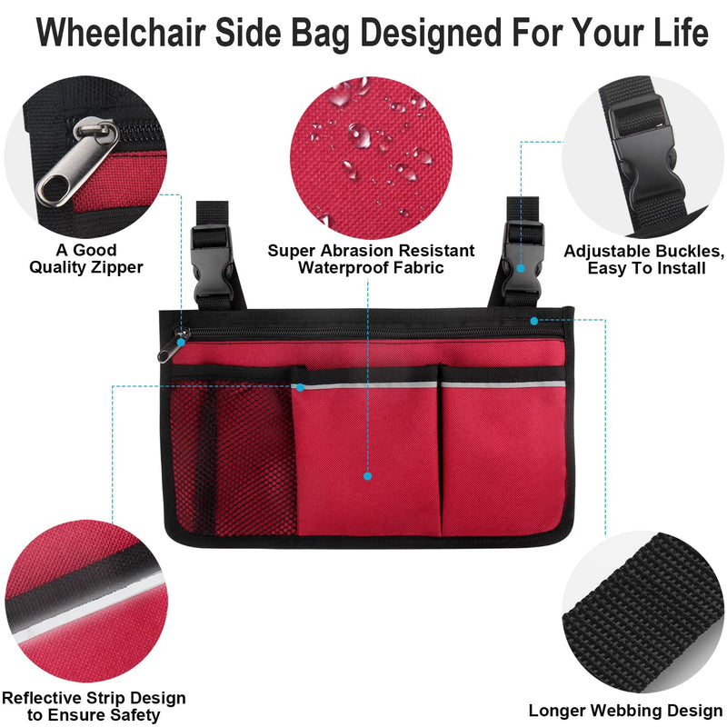 Wheelchair Side Organizer Storage Bag Armrest Pouch with Cup Holder and Reflective Stripe Use Waterproof Fabric, for Most Wheelchairs, Walkers or Rollators (Red) Red - NewNest Australia