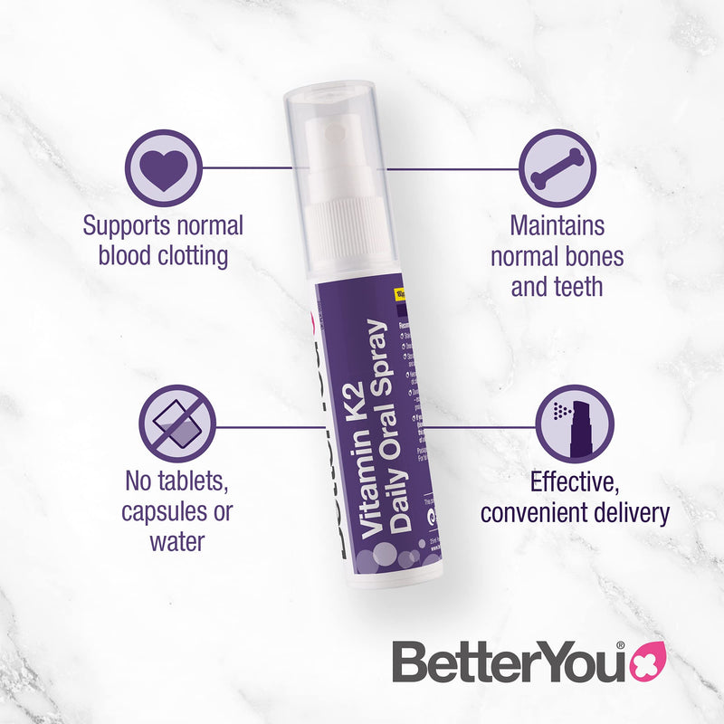 BetterYou Vitamin K2 Daily Oral Spray | Supports Normal Bone Health and Blood Clotting | 25ml (160 sprays) | Palm Oil Free | Natural Peppermint Flavour Single - NewNest Australia
