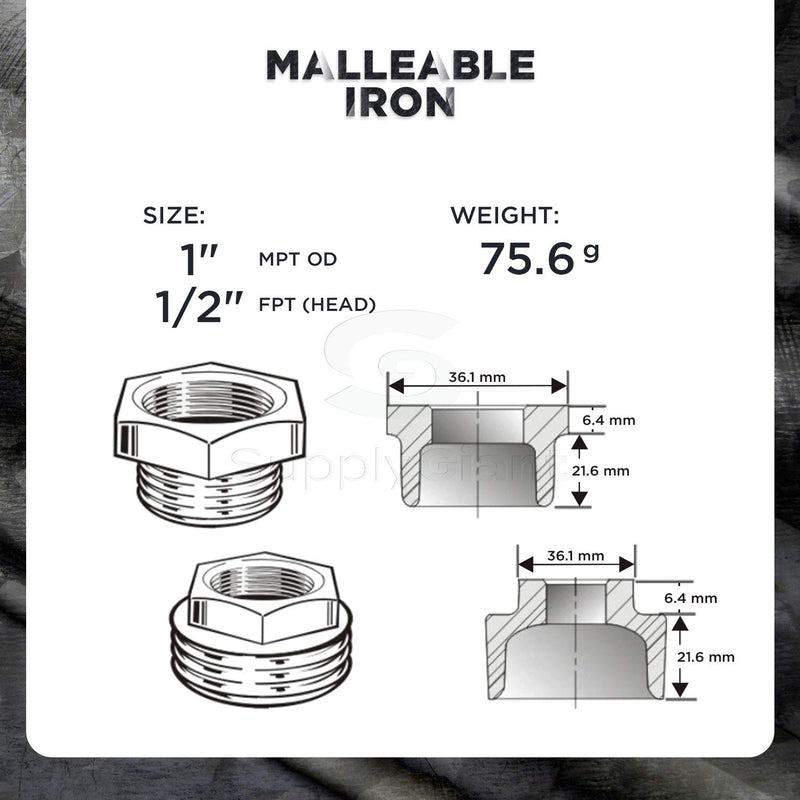 SUPPLY GIANT CNCV3005 1" x 1/2" Black Malleable Iron Bushing Fitting with Hexagonal Head 1 in. x 1/2 in. - NewNest Australia