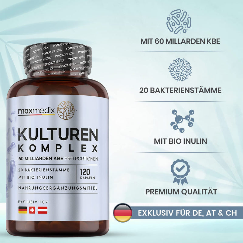 Cultures Complex With 60 Billion Cfu - 20 Bacterial Strains & Bio Inulin - With Lactobacillus Reuteri & Lactobacillus Gasseri - Laboratory Tested In Germany - Enteric-Coated & Vegan - 120 Capsules - NewNest Australia