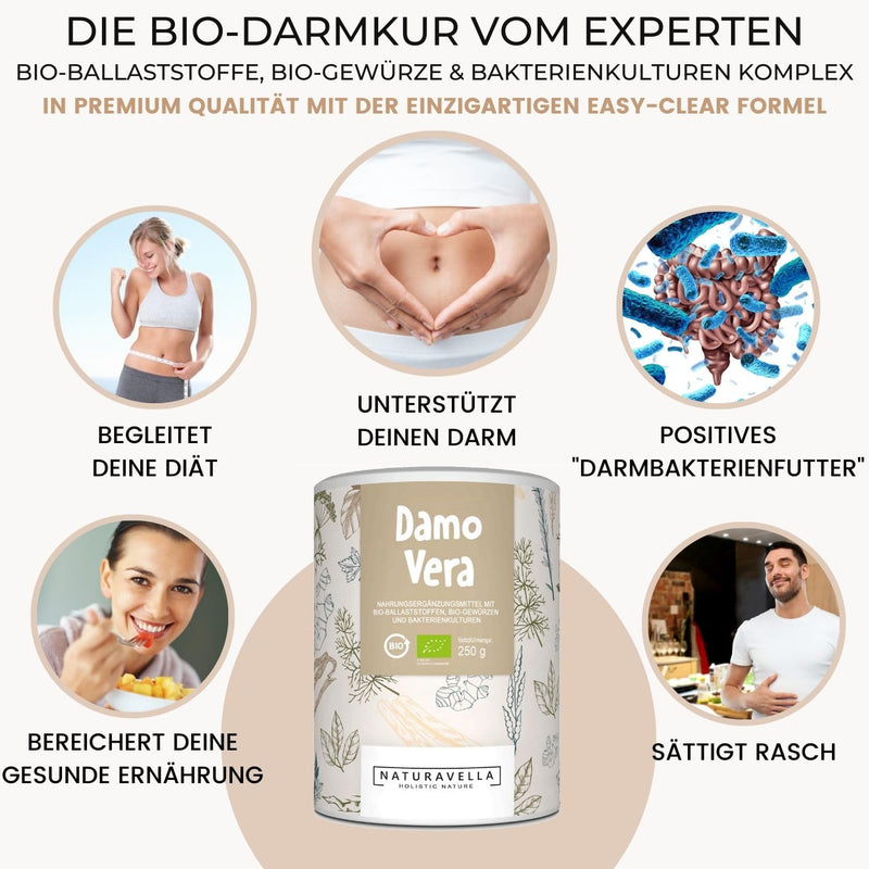 DamoVera® The organic intestinal treatment from the experts | Premium complex of organic fiber, organic spices and bacterial cultures I High dosage, vegan and laboratory tested, 250g - NewNest Australia