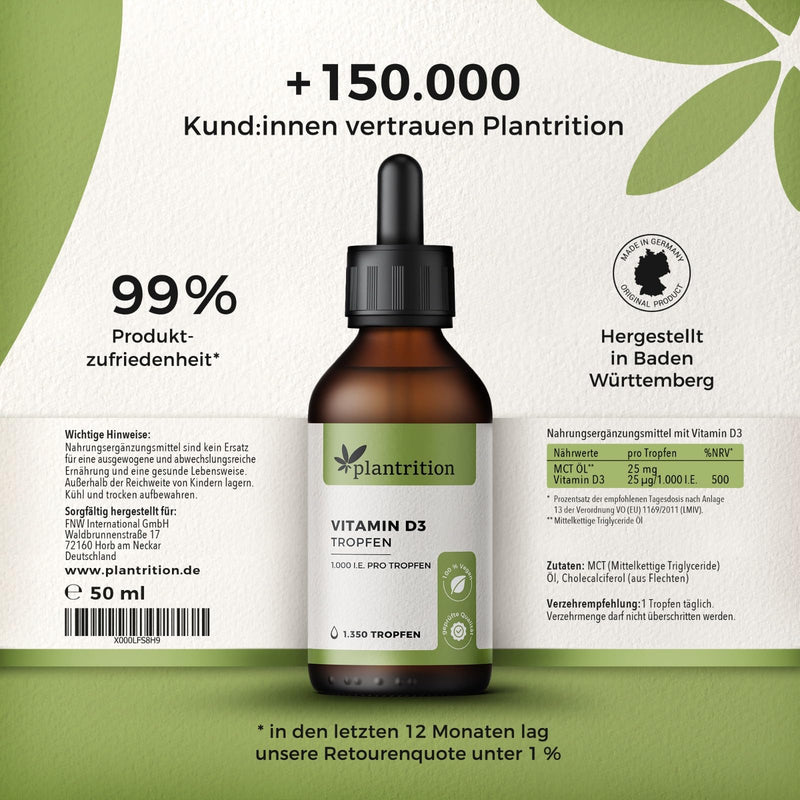 plantrition Vitamin D3 drops vegan 1000 IU per drop 1,350 drops of vitamin D oil - vitamin D3 from lichen (cholecalciferol) MCT oil coconut base Made in Germany - 50ml - NewNest Australia