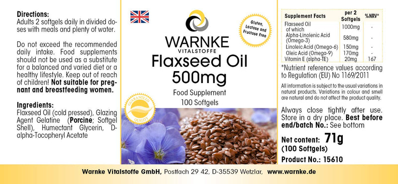 Flaxseed Oil Capsules - Vegetable Omega 3-6-9 Capsules - High Dose - Flaxseed Oil 500mg - 100 Softgels | Warnke vital substances - NewNest Australia