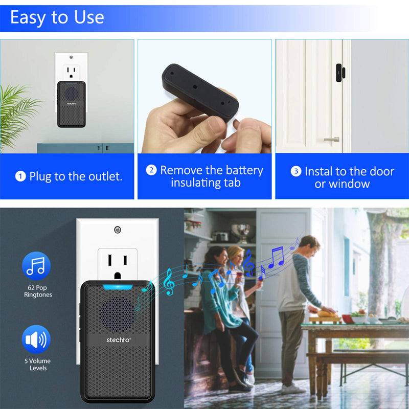 Wireless Door Chime,600Ft Range 5 Adjustable Volume 1 Magnetic Door open Contact Sensor with 62 Chimes Mute Mode Door Bell Plugin Receiver for Home/Office/Store STECHRO (Black) Black - NewNest Australia