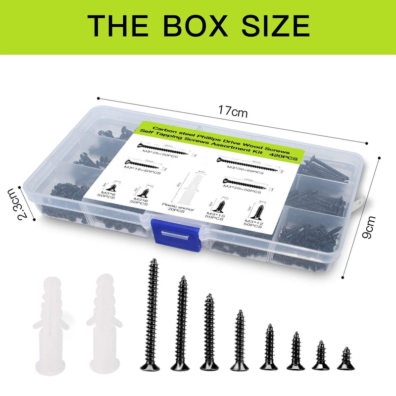M3 Flat Head Wood Screws Assortment Fasteners Kit 420pcs,Phillips Drive Countersunk Head Self-Tapping Screws,Carbon Steel,Contains 20pcs M6 Screw Anchors Black - NewNest Australia
