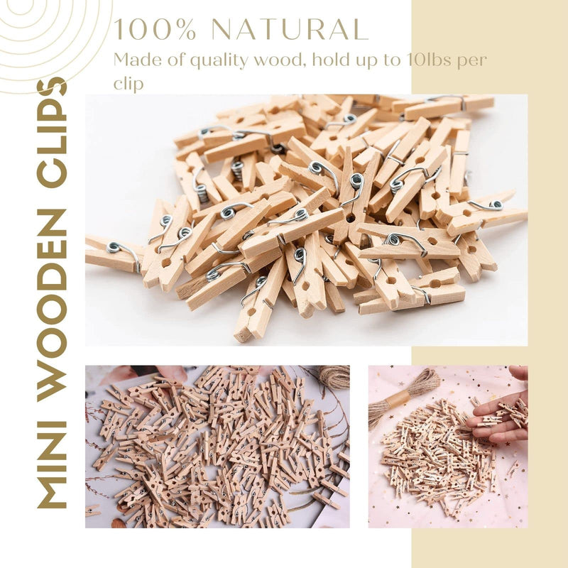 Mini Clothes Pins for Photo,200 pcs 1" Natural Wooden Tiny Clothespins with Jute Twine, Mini Picture Clips Small Clothes Pins for Photos, Crafts, Arts, Cocktails - NewNest Australia