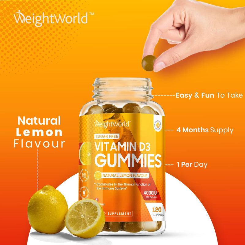 Vitamin D Gummies Adults 4000IU - Sugar Free - 4 Month Supply - Natural Lemon Flavour - 120 Chewable Vitamin D3 Gummies - Vegetarian Friendly - High Strength Vitamin D Supplement - GMO & Gluten Free - NewNest Australia