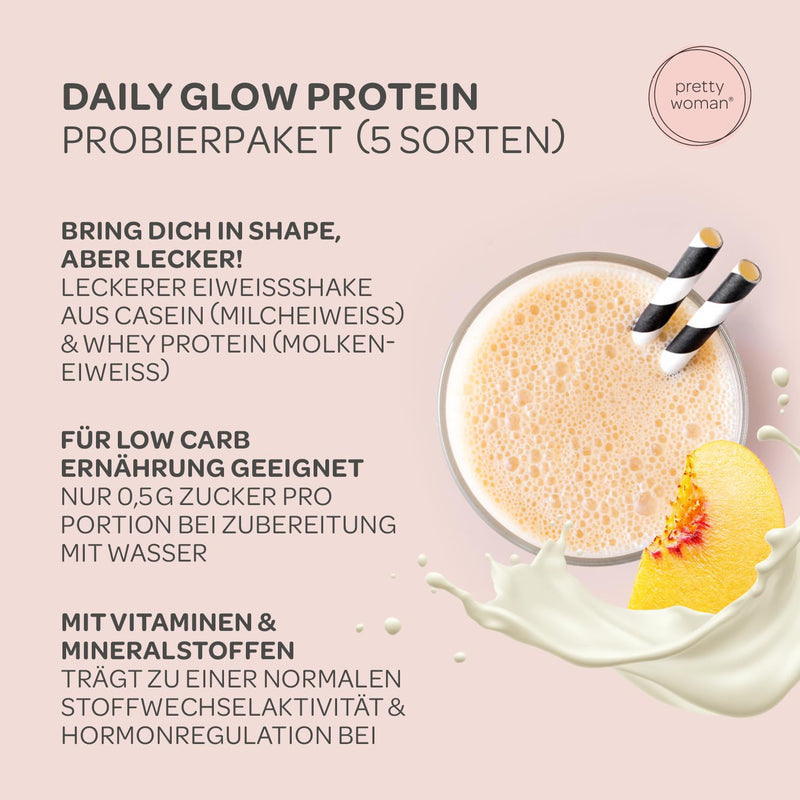 pretty woman® Daily Glow Protein Powder Trial Pack - 5x30g - Low Carb Shake with Vitamins & Minerals, Biotin & Folic Acid, Low Sugar/Protein Powder Trial Pack, Protein Powder Trial Set - NewNest Australia