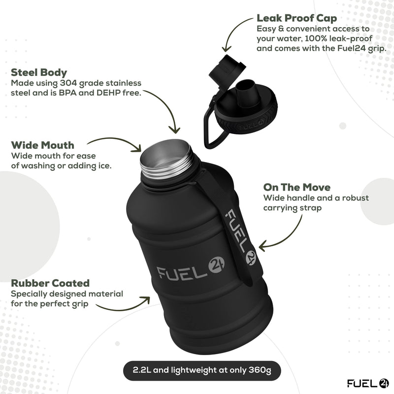 Fuel24 Stainless Steel Jug - 1.3 or 2.2 Litre Water Bottle - Extra Strong, BPA Free, Leak Proof - Large Gym Sports Bottle, 1.3L, 2.2L, Metal Bottle - Colour Options Stealth - NewNest Australia