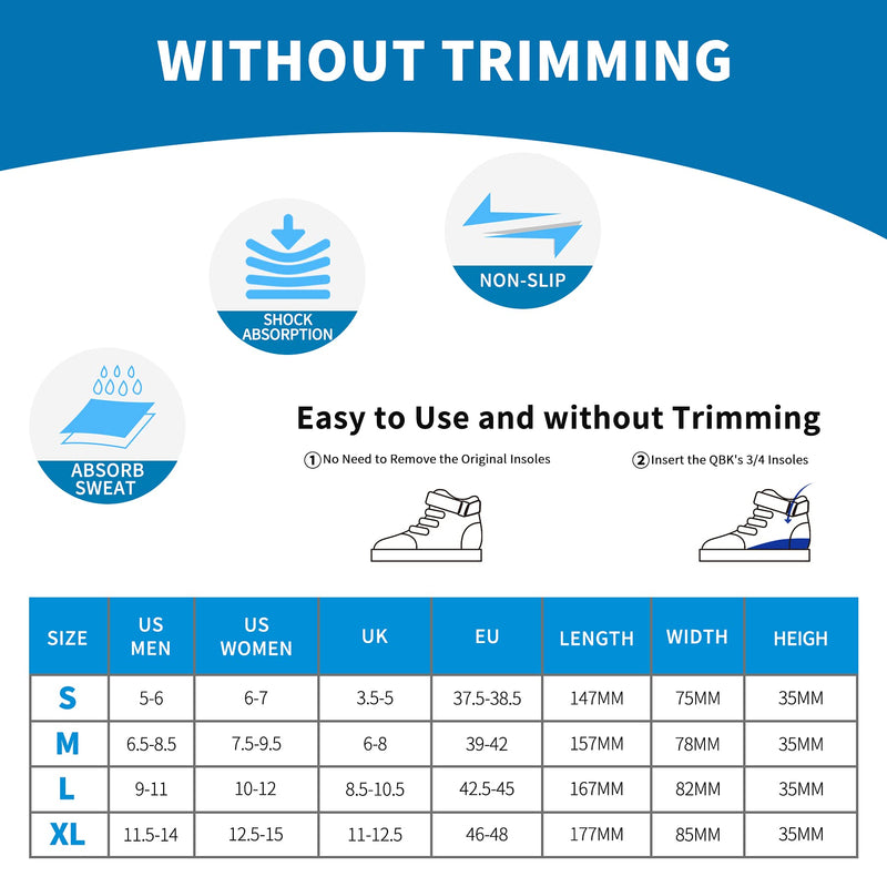 Plantar Fasciitis Insoles QBK 3/4 High Arch Support Insoles for Women and Men Memory Foam Insoles for Flat Feet Supination Arthritis Metatarsalgia and Foot Pain Relief, L L: 8.5-10.5 - NewNest Australia