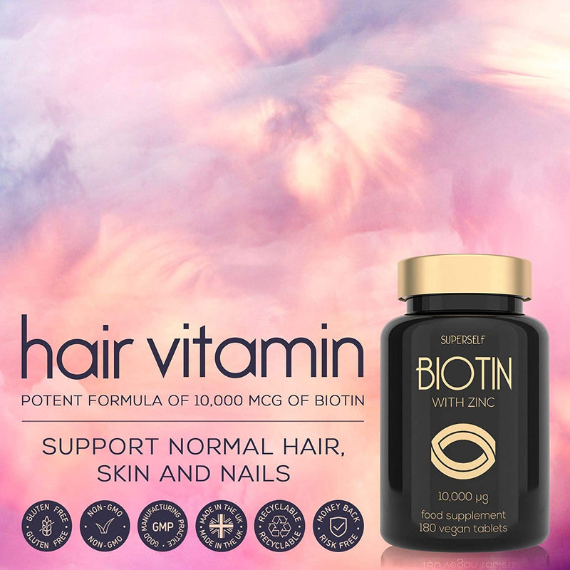 High Strength Biotin Tablets with Zinc - 10000mcg Biotin Tablets for Hair Nails & Skin - 6 Months Supply 180 Capsules 10 000mcg - UK Made & Vegan - Natural Supplement B7 Vitamins for Men and Women - NewNest Australia
