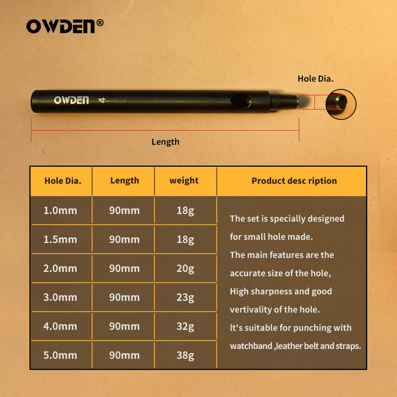 OWDEN Professional 6Pcs. Leather Hollow Punch Set. Size: 1.0-5.0mm for Leather Belt, Watch Band and Leather Strap Gasket. with a Free Mini Cutting mat. - NewNest Australia