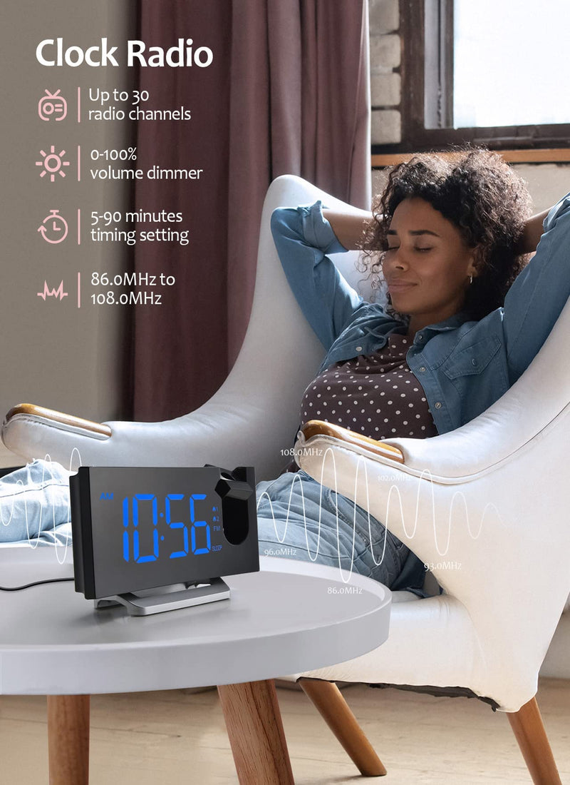 Alarm Clock for Bedroom, FM Clock Radio with 180° Rotatable Projector, Adjustable Brightness for Screen and Projection, Large LED Display, Dual Alarms, 3-Level Volume, Digital Clock with USB Charger - NewNest Australia