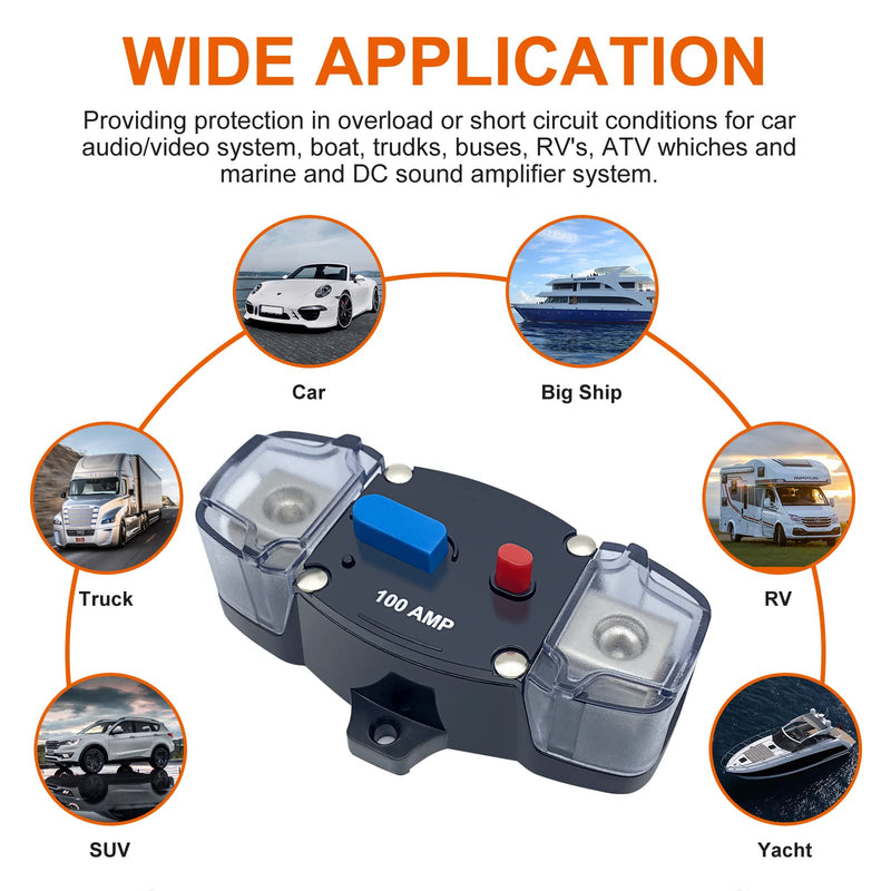Erayco 100 Amp Circuit Breaker with Manual Reset, 12-48 Volt DC, 0-8 Gauge Trolling Motor Car Stereo Audio Inline Fuse Block Holders Inverter for Automotive Rv Marine Boat (100A) 100Amp - NewNest Australia