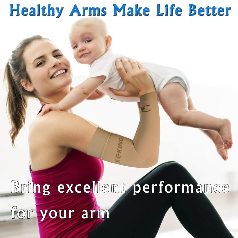 KEKING® Lymphedema Compression Arm Sleeves (Pair), 15-20 mmHg Graduated Compression Arm Support, No Silicone Dot, Post Surgery Recovery, Pain Relief, Swelling, Lipedema, Edema, Beige L Large (1 Pair) 15-20mmhg Beige (Non Silicone Dot) - NewNest Australia