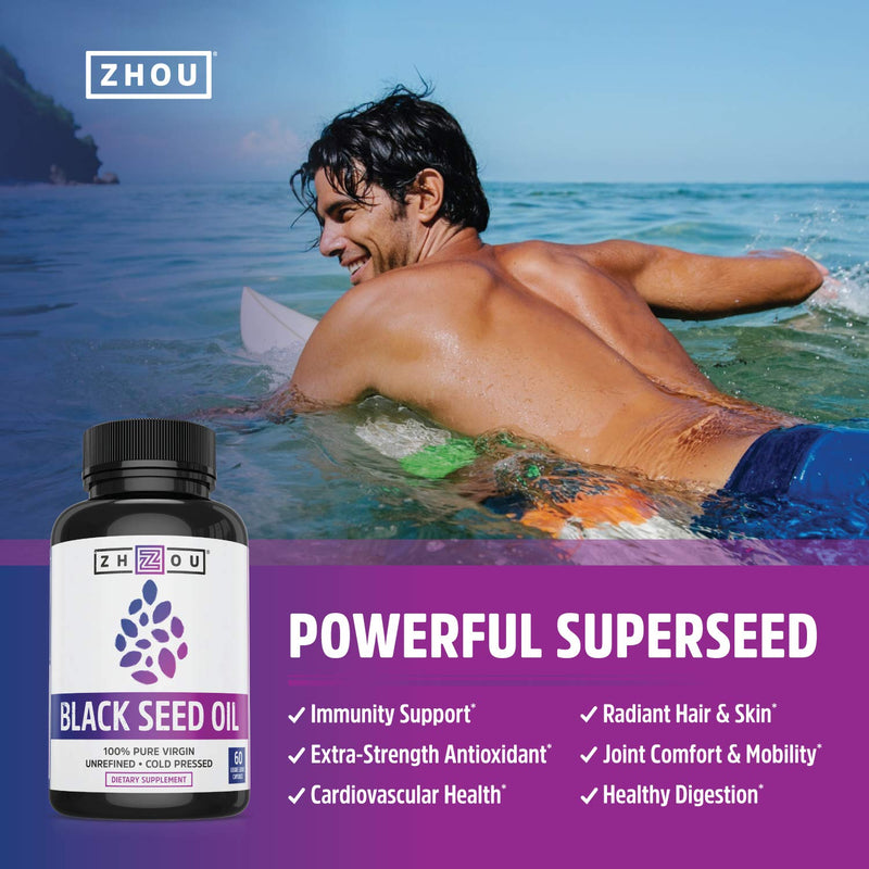 Zhou Black Seed Oil | 100% Virgin, Cold Pressed Source of Omega 3 6 9 | Super antioxidant for Immune Support, Joints, Digestion, Hair & Skin | 60 Caps - NewNest Australia