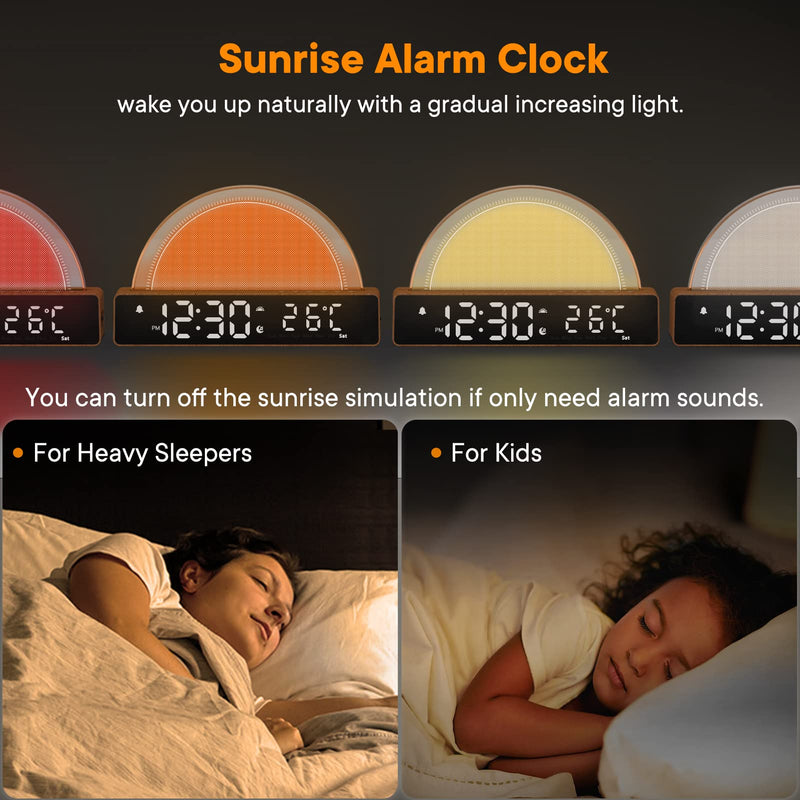 Sunrise Alarm Clock, Wake Up Light with Sunrise Simulation, White Noise Machine, Touch Control Bedside Lamps Dimmable Multicolor Night Light, 10 Nature Sounds, Snooze/Timer/Temperature Display Wooden - NewNest Australia