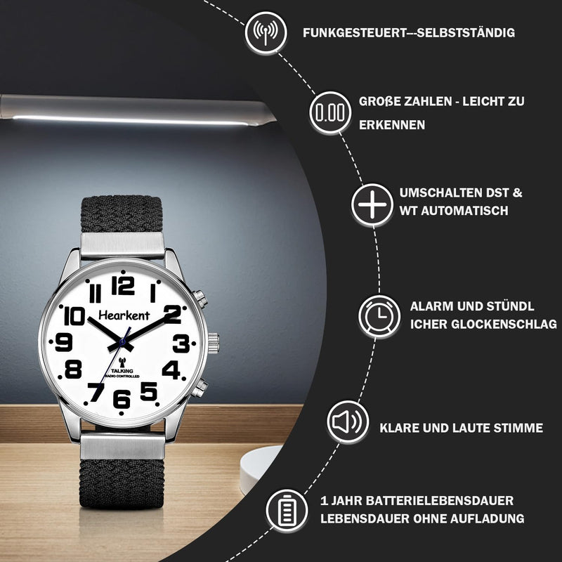 Hearkent Talking Watch with German Accent and Large Numbers, Self-Adjusting for the Visually Impaired, Blind or Elderly, Men's Size Nylon Black - NewNest Australia